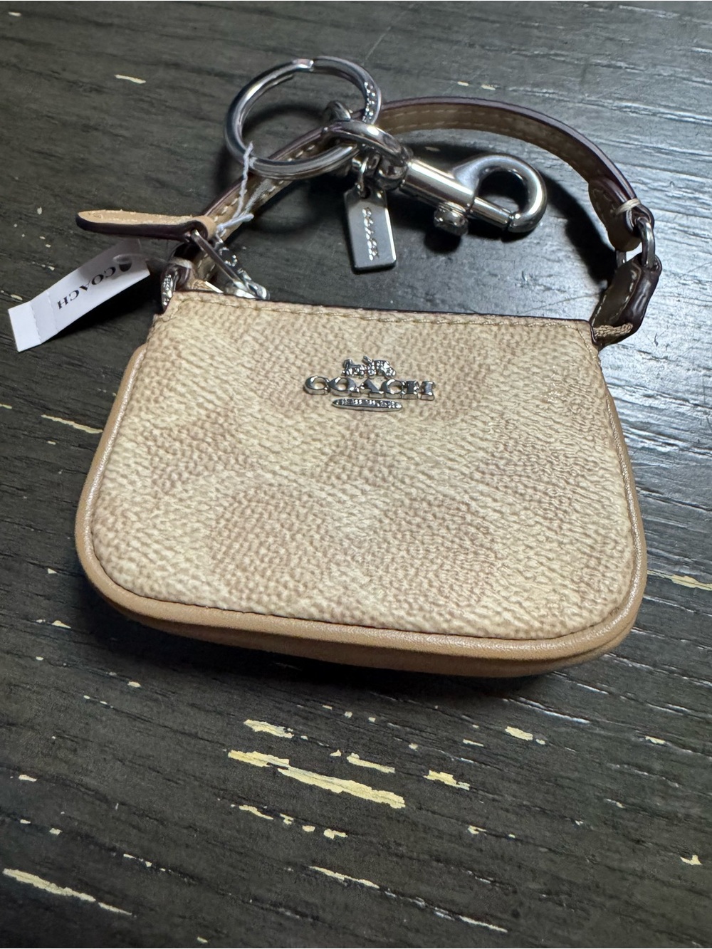 Coach Beige Signature Mini Wristlet with Leather Trim